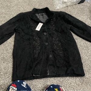 NWT Vintage Lee Sands Black Angora rabbit button up long sleeve Sweater Jacket